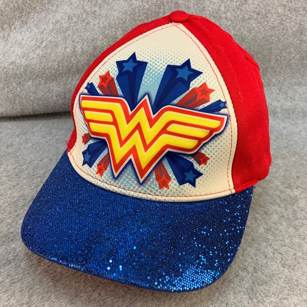 Wonder Woman Kids Red Blue DC Comics Baseball Hat Glitter Brim OSFM